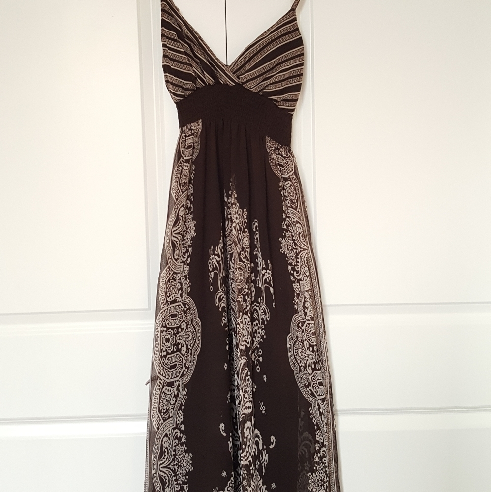 Brown and Beige Bohemian Patterned Maxi Dress